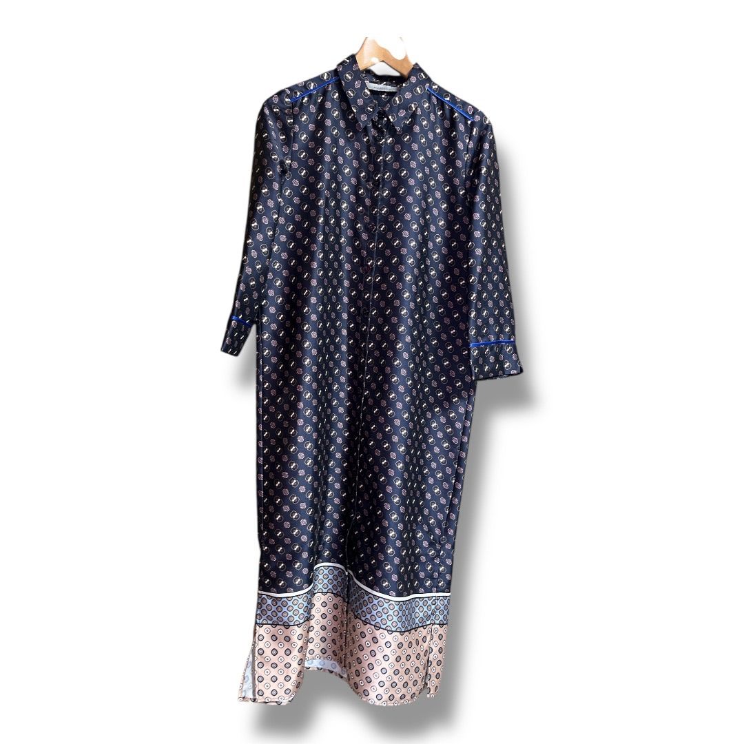 MARELLA マレーラ 総柄 シャツワンピース 長袖 羽織り トップス ベルト付き 光沢感 ロングシャツ シャツワンピ レディース サイズ38 ネイビー系 春 23 No K 1038
