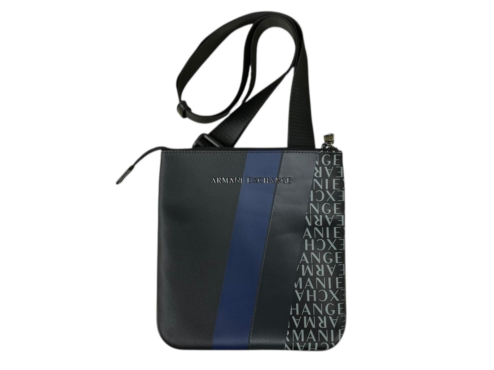 ARMANI アルマーニエクスチェンジ フラットショルダーバッグ モノグラム×ストライプ 合成皮革 長さ調整 ジップバッグ ブラック メンズ 025