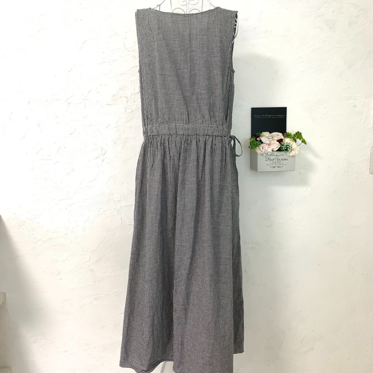 Studio CLIP レディース ワンピース ロング丈 ノースリーブ チェック柄 プルオーバー ウエストゴム 素材 綿89 麻11 L 黒×白 綿×麻