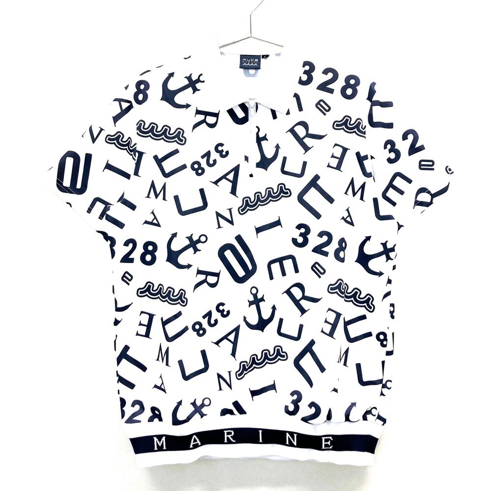 サイズ 5 MUTA MARINE ムータマリン ハーフジップ ヘムリブ 半袖ポロシャツ 総柄 ホワイト系 ゴルフウェア メンズ ストスト