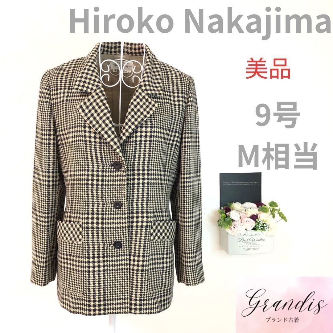 Hiroko Nakajima 中嶋 弘子 Tokyo アウター テーラードジャケット イタリア製生地 長袖 ポケット 三つボタン チェック柄 9号 ベージュ ブラック レディース 毛80％ 絹20％ Ｍ相当