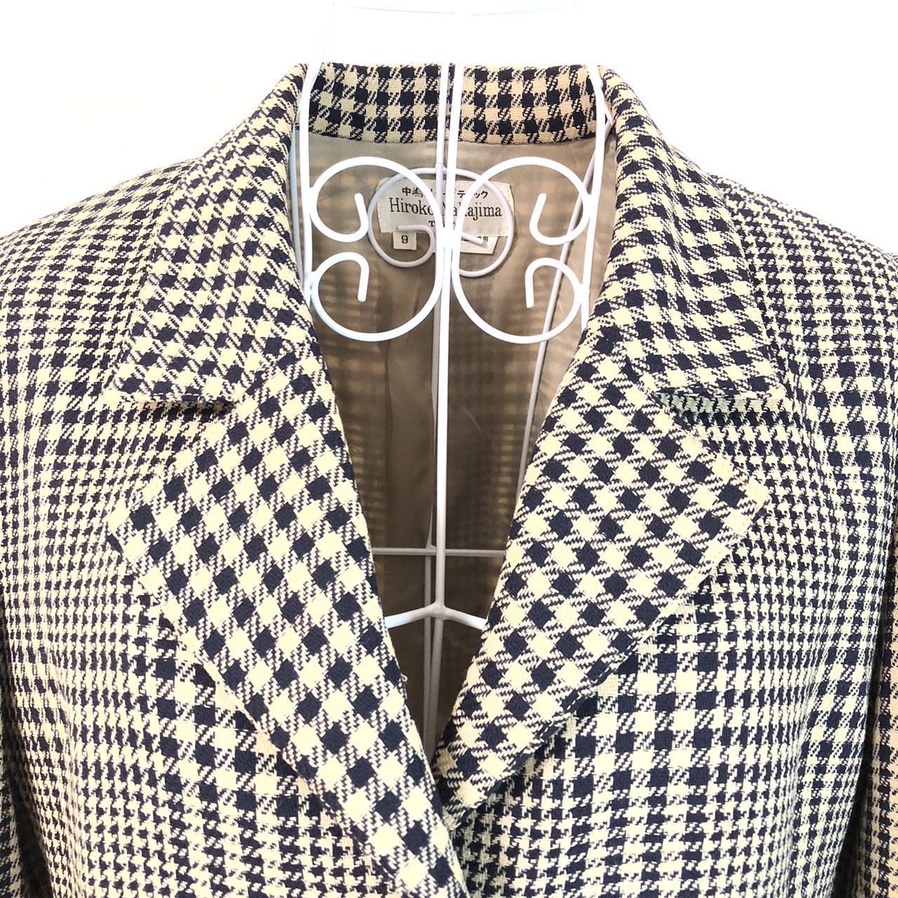 Hiroko Nakajima 中嶋 弘子 Tokyo アウター テーラードジャケット イタリア製生地 長袖 ポケット 三つボタン チェック柄 9号 ベージュ ブラック レディース 毛80％ 絹20％ Ｍ相当