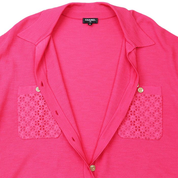  CHANEL シャネル ニットワンピース P 70430 2021 SS COCOマーク ロゴ ボタン ビスコース ポリアミド プルオーバー カットワーク フローラル 花柄 刺繍 オープン 半袖 ドレス レディース 38 ピンク 桃色 伊製 その他 その他
