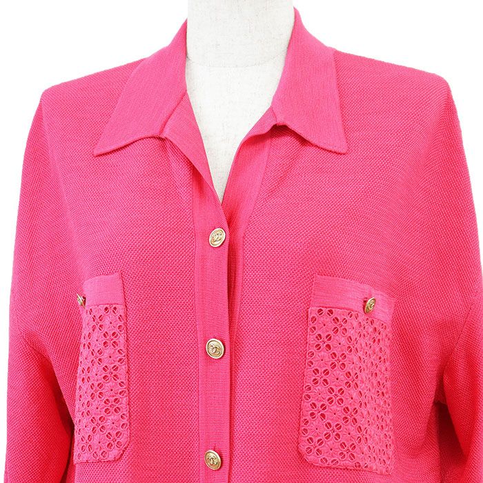 CHANEL シャネル ニットワンピース P 70430 2021 SS COCOマーク ロゴ ボタン ビスコース ポリアミド プルオーバー カットワーク フローラル 花柄 刺繍 オープン 半袖 ドレス レディース 38 ピンク 桃色 伊製