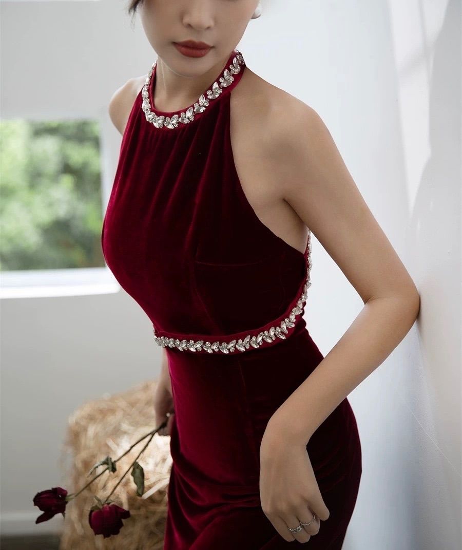 バックリボン ビジュー 赤 ロングドレス イブニングドレス パーティー お呼ばれ