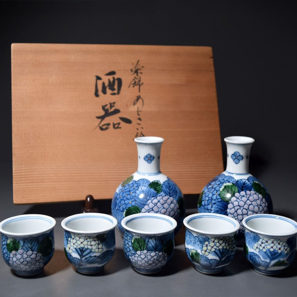 新品未使用品 有田焼 村上玄輝 染錦紫陽花絵酒器揃い 酒器 徳利