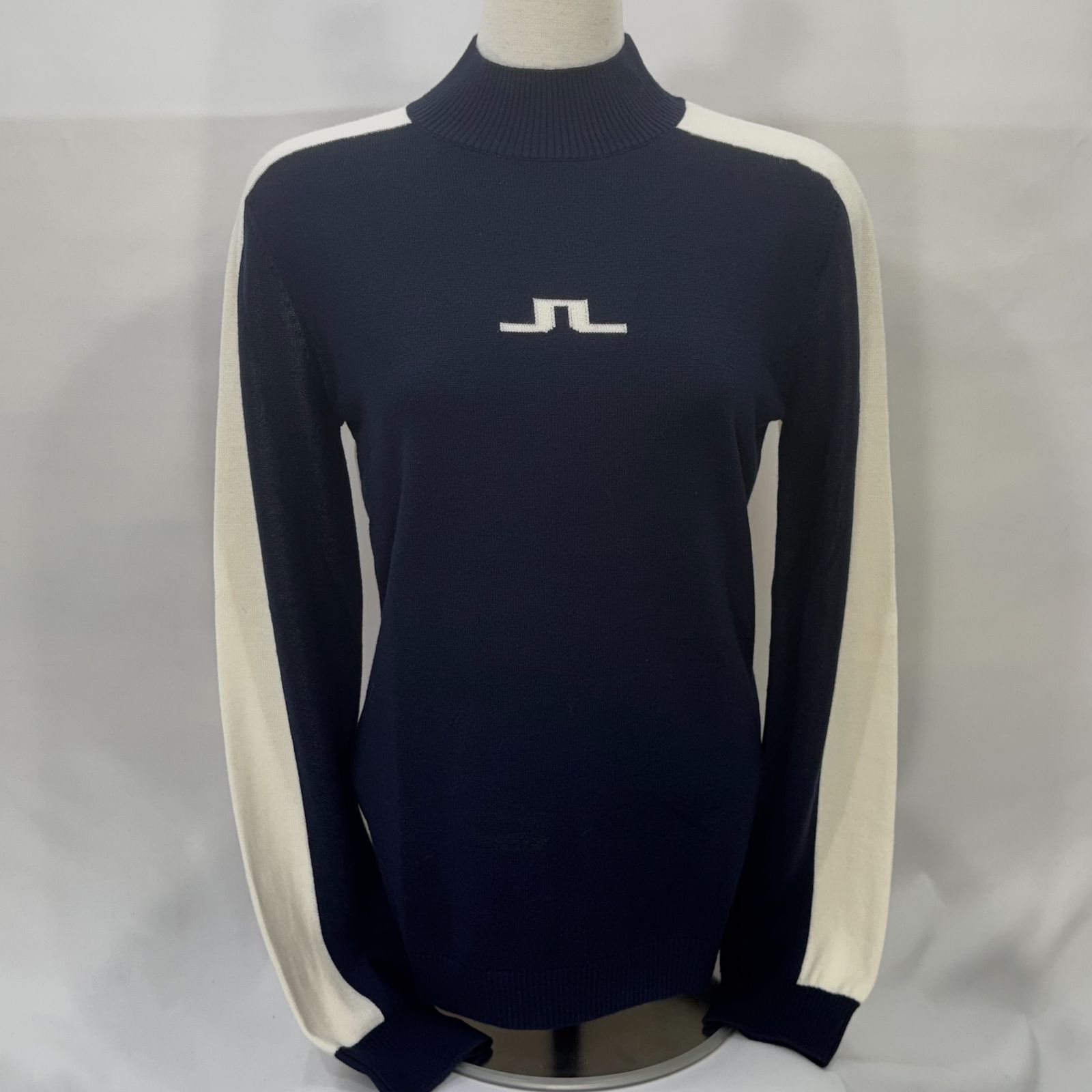 J リンドバーグ レディース ウール100％ 切り替えハイネックセーター 38 ネイビー オフホワイト