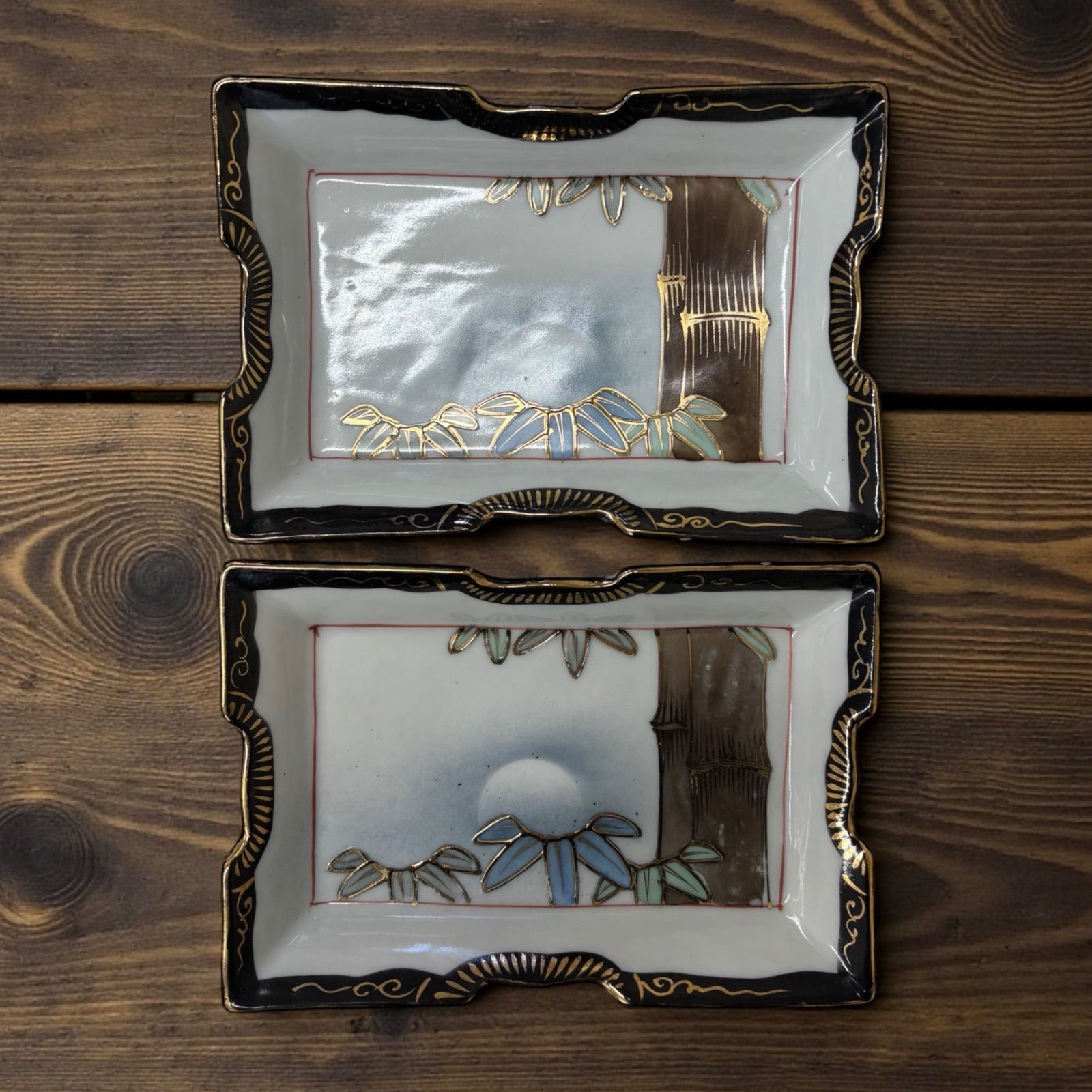 2客セット】 色絵 竹 金彩 四角皿 時代物 角皿 変形皿 小皿 取り皿