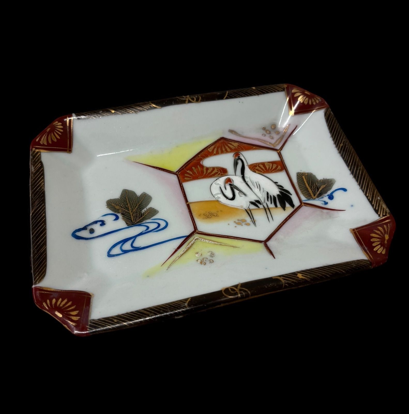 5客セット】 色絵 双鶴 松 四角皿 金彩 鶴 時代物 角皿 変形皿 小皿
