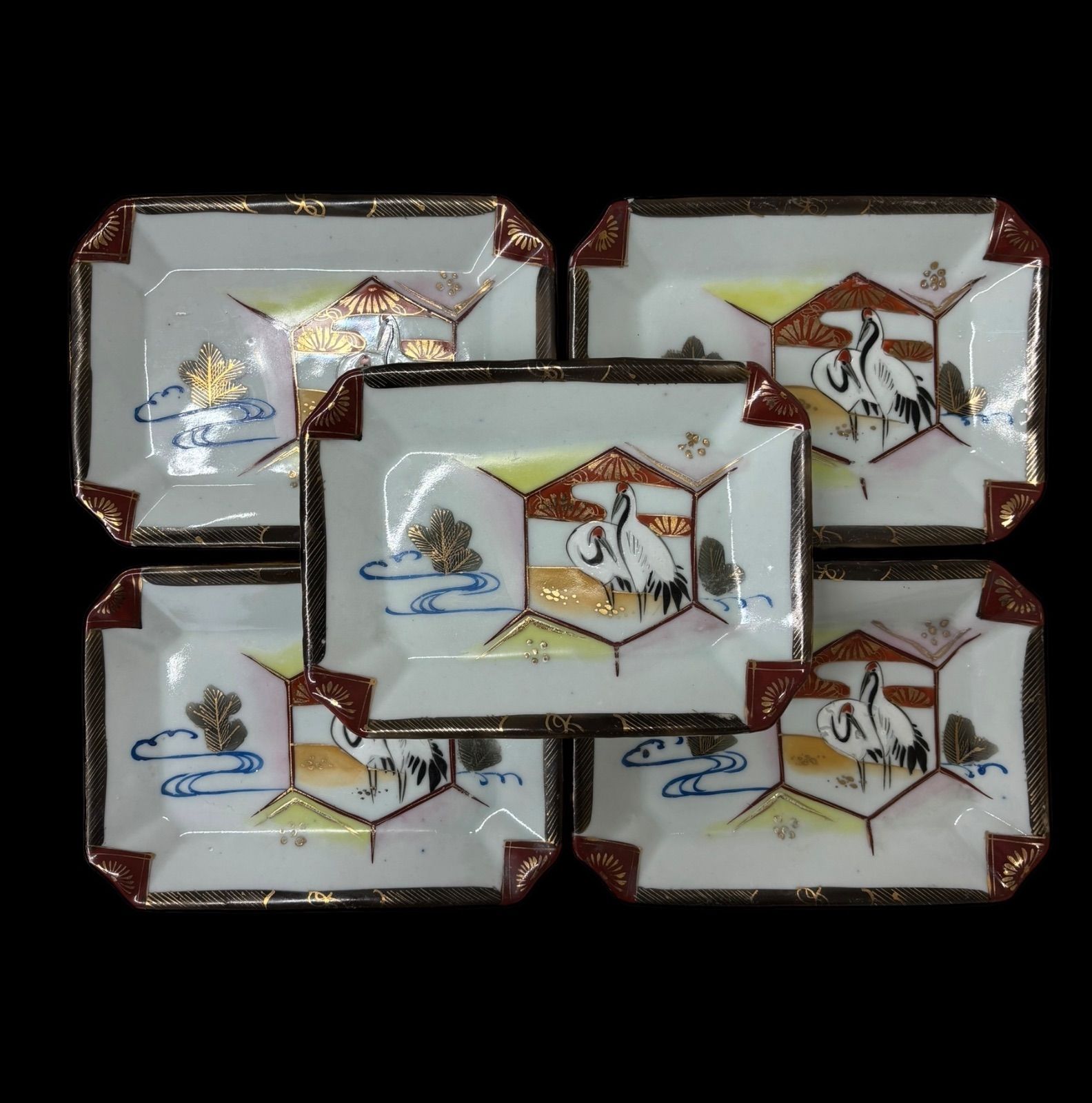 5客セット】 色絵 双鶴 松 四角皿 金彩 鶴 時代物 角皿 変形皿 小皿