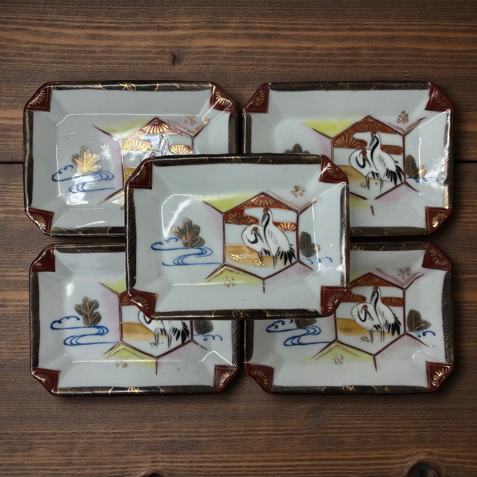5客セット】 色絵 双鶴 松 四角皿 金彩 鶴 時代物 角皿 変形皿 小皿