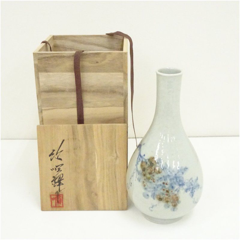 池順鐸造 染付葡萄文花入（共箱） 花入れ 茶道 茶道具 花瓶 花器