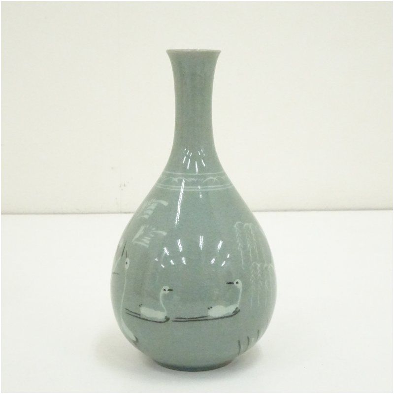 柳海剛造 高麗青磁鶴首花入（保護箱） 花入れ 茶道 茶道具 花瓶 花器