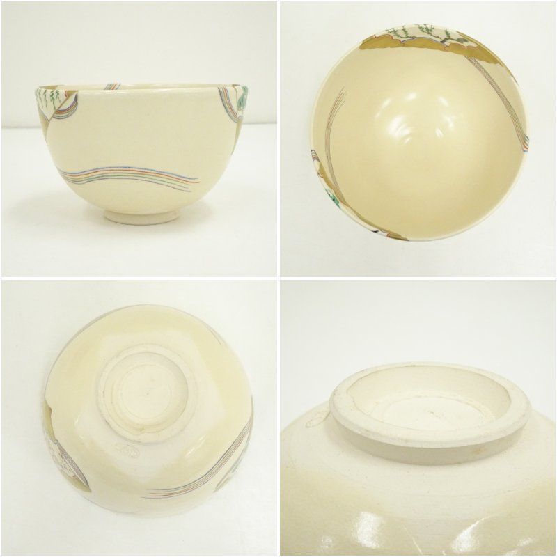 京焼 清閑寺窯 杉田祥平造 色絵仁清檜扇画茶碗（共箱） 茶道 抹茶