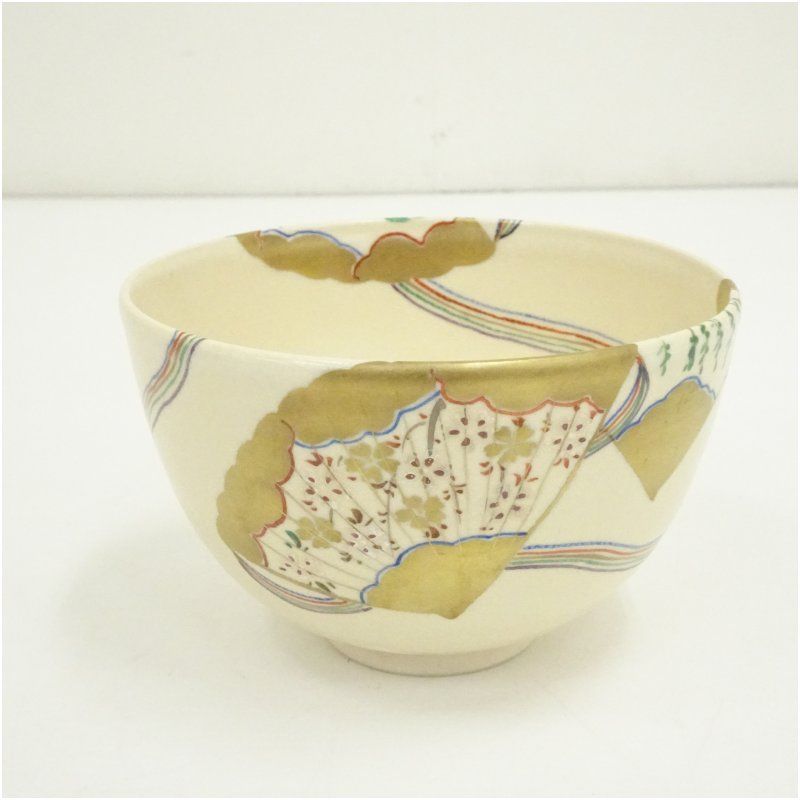京焼 清閑寺窯 杉田祥平造 色絵仁清檜扇画茶碗（共箱） 茶道 抹茶