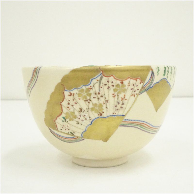 京焼 清閑寺窯 杉田祥平造 色絵仁清檜扇画茶碗（共箱） 茶道 抹茶