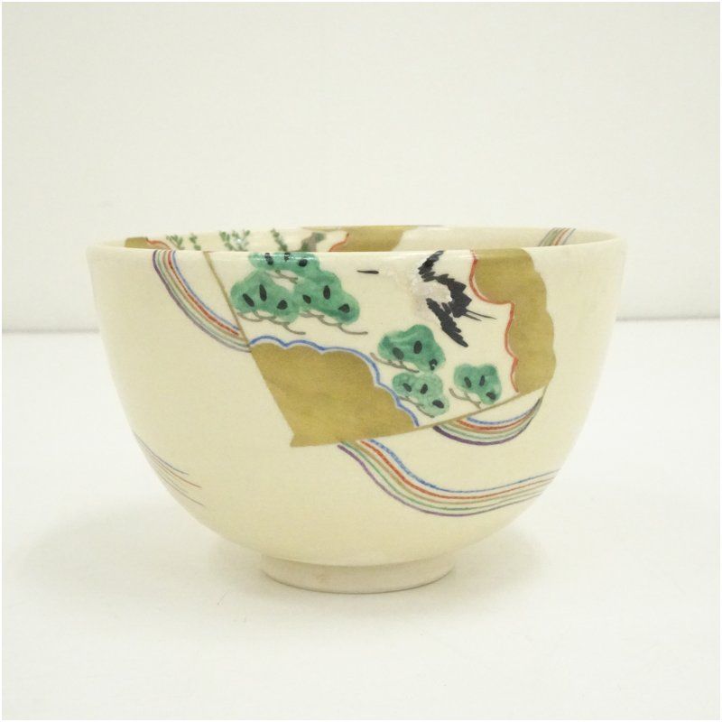 京焼 清閑寺窯 杉田祥平造 色絵仁清檜扇画茶碗（共箱） 茶道 抹茶