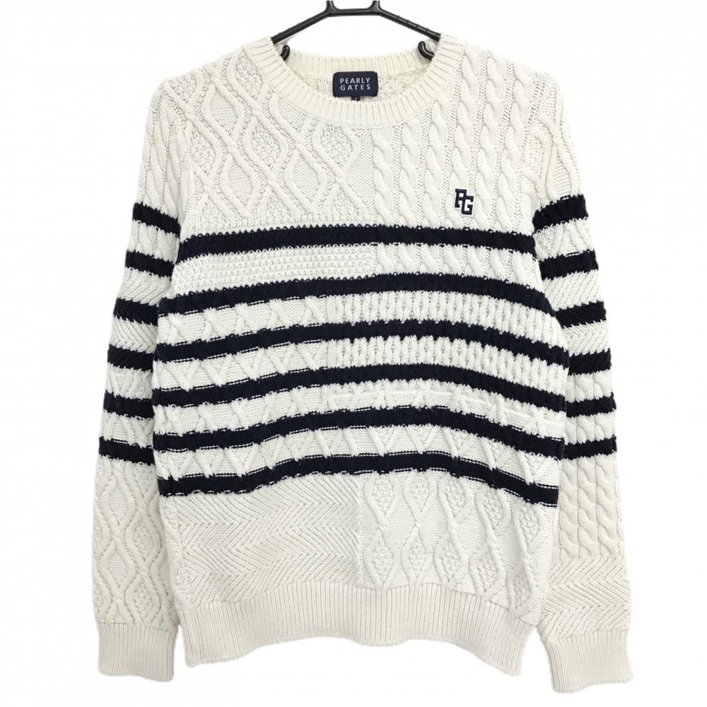 パーリーゲイツ セーター アイボリー系×ネイビー ニット 一部ケーブル編み ウール混 レディース 1 M ゴルフウェア PEARLY GATES
