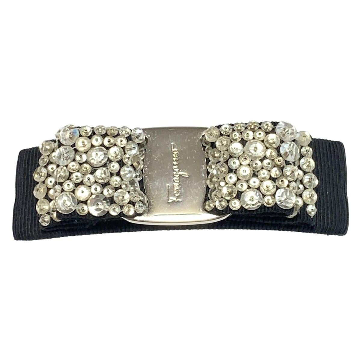 FERRAGAMO SalvatoreFerragamo サルバトーレフェラガモ バレッタ 黒 シルバー クリア ビーズ ヴァラ