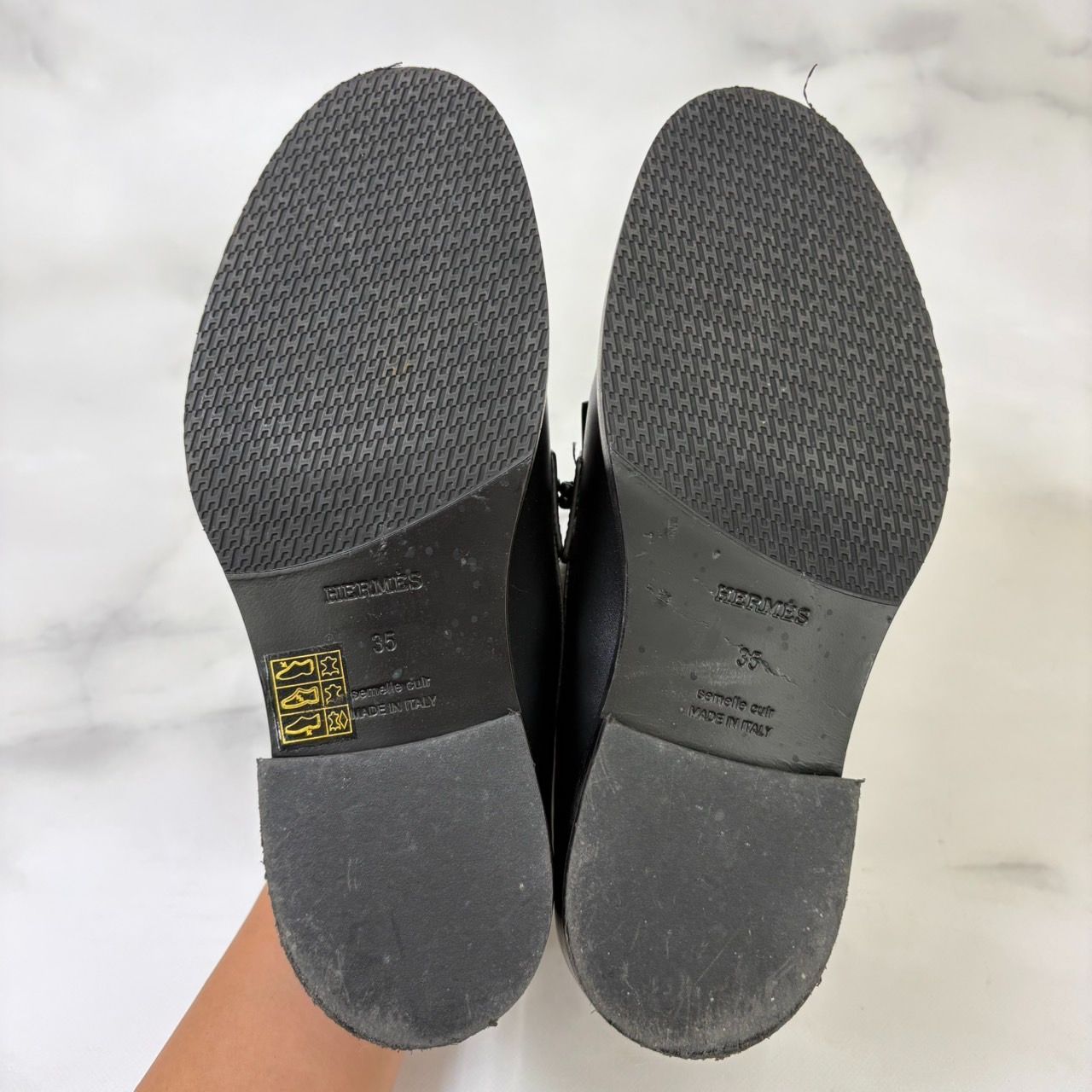  鑑定済み エルメス インパクト 35 22.5 cm程度 ブラック ゴールド金具 カーフ モカシン グレンナ バックル モカシン 靴