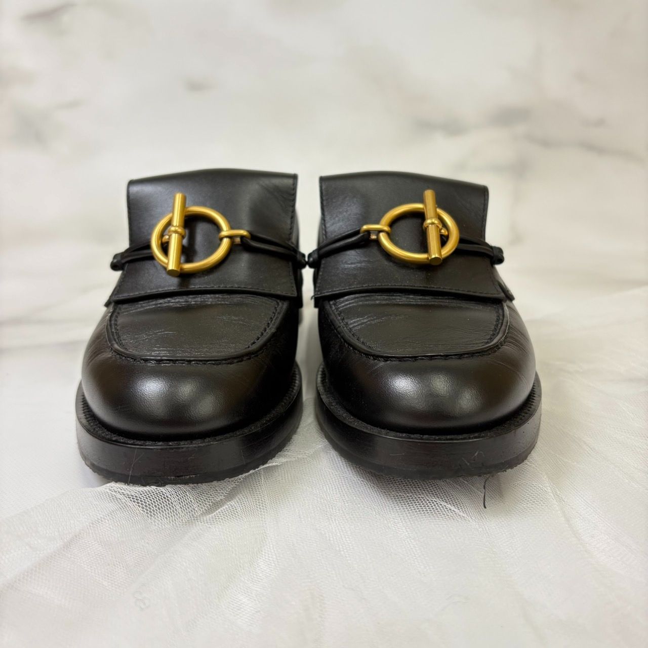 鑑定済み エルメス インパクト 35 22.5 cm程度 ブラック ゴールド金具 カーフ モカシン グレンナ バックル