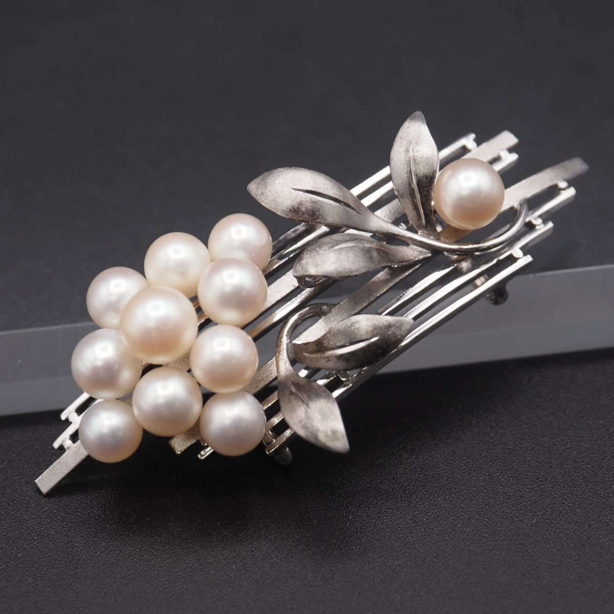 L223 本真珠 6.3-7.4mm11珠 パール STERLING刻印 2way ブローチ 帯留め