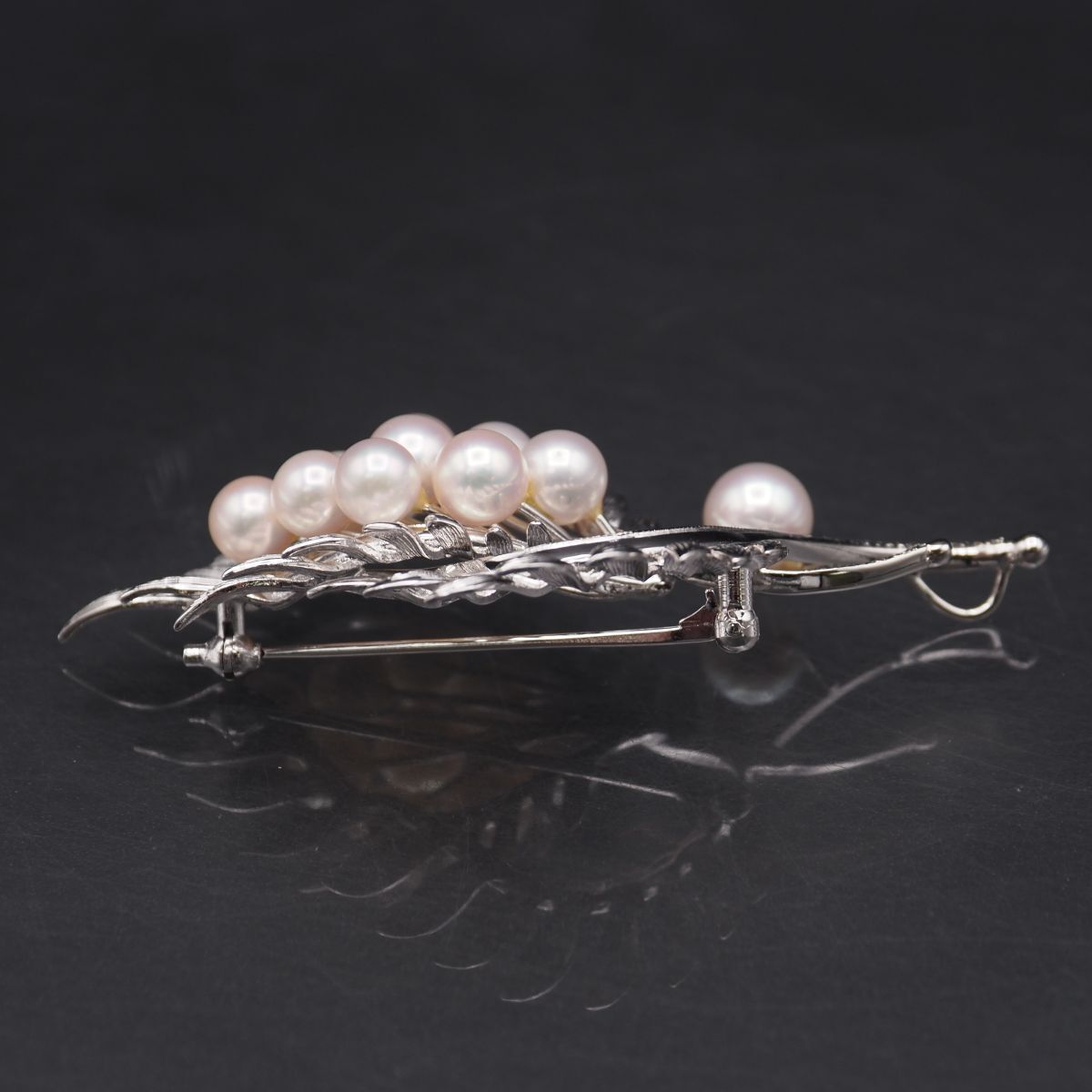 J914 あこや真珠 6-7.7mm10珠 パール 925刻印 ブローチ リーフ
