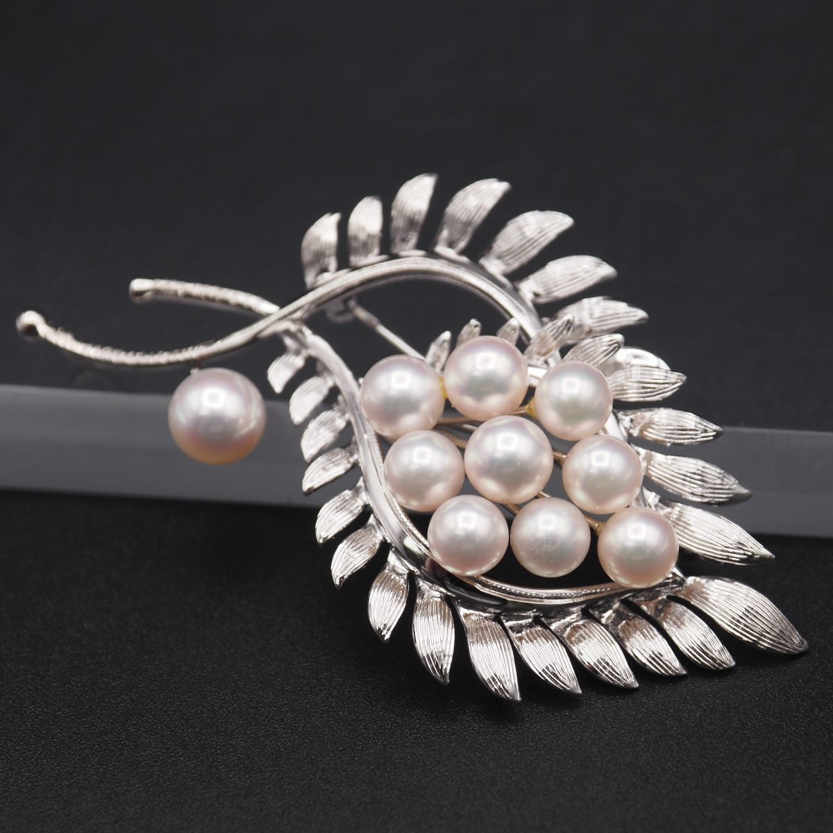 J914 あこや真珠 6-7.7mm10珠 パール 925刻印 ブローチ リーフ