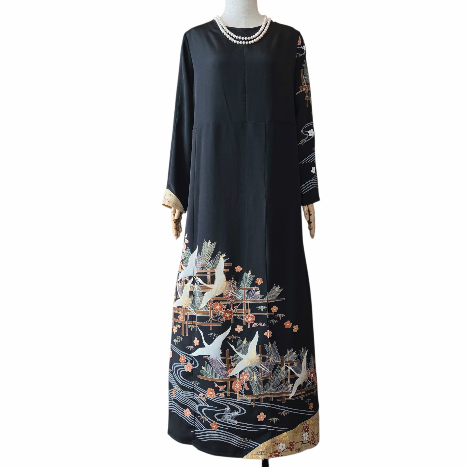 ❦Kaena❦ 着物リメイク ワンピース ロング マキシ ドレス Aライン 黒