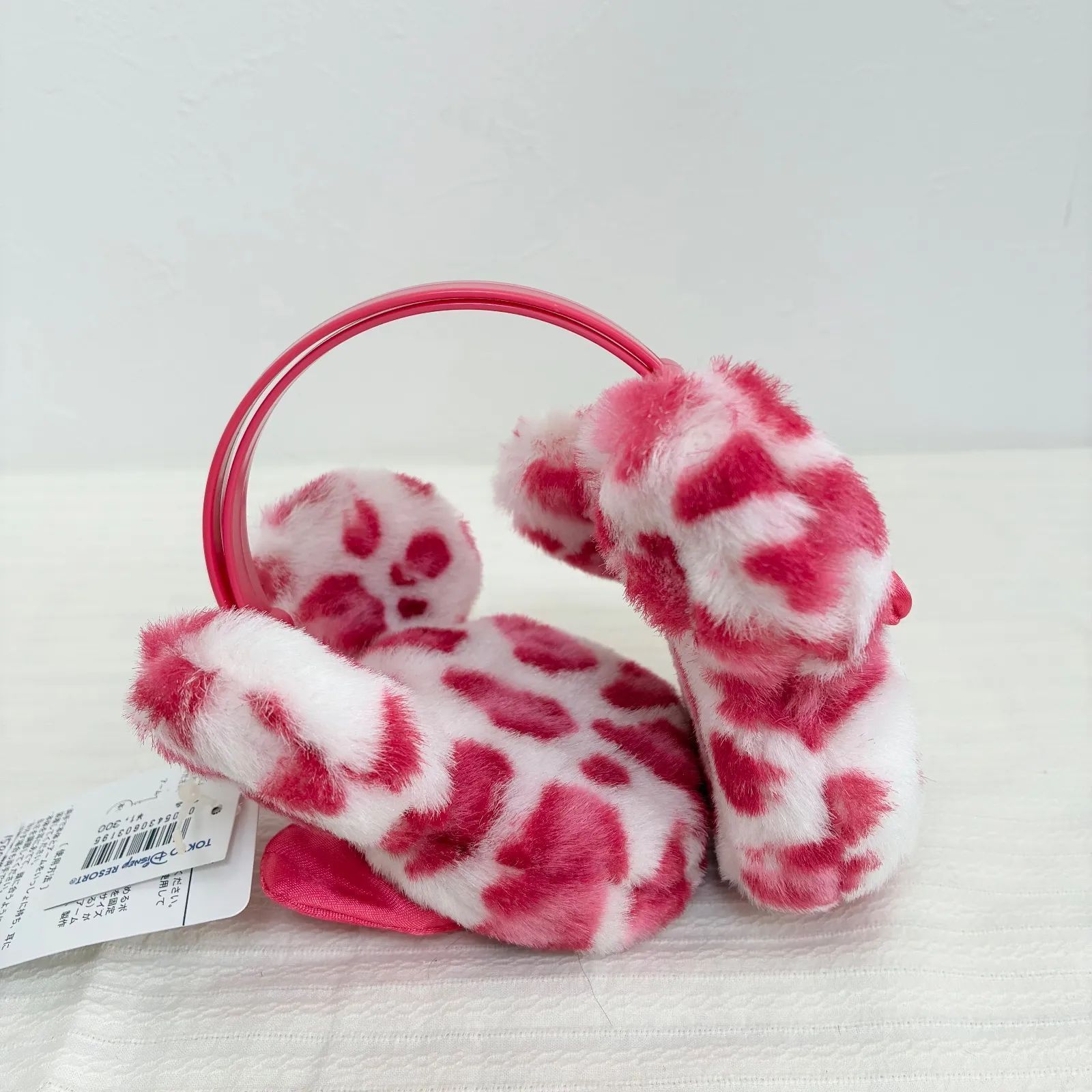 ディズニー　イヤーマフ　ピンク×白　ヒョウ柄リボン付き耳あて ディズニー イヤーマフ ピンク×白 ヒョウ柄リボン付き耳あて