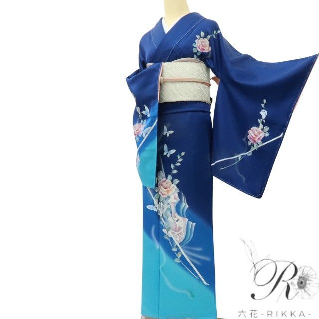 六花-RIKKA- やまと誂製 正絹 薔薇 蝶 訪問着 手縫い仕立て 着物 A4180