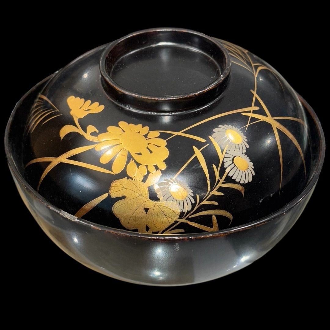 某有名骨董市購入 吸い物椀 木製 蒔絵 黒漆塗 お椀 汁物椀 10客揃え 木