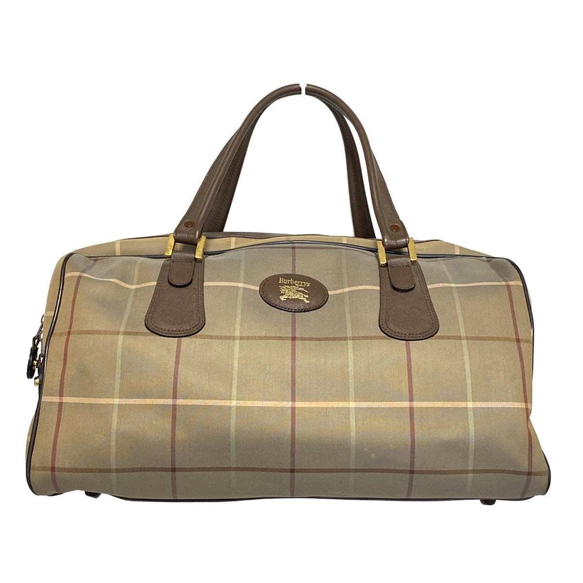 Burberry s バーバリーズ ボストンバッグ カーキ ブラウン マルチ チェック柄 本体ロックなし レザー