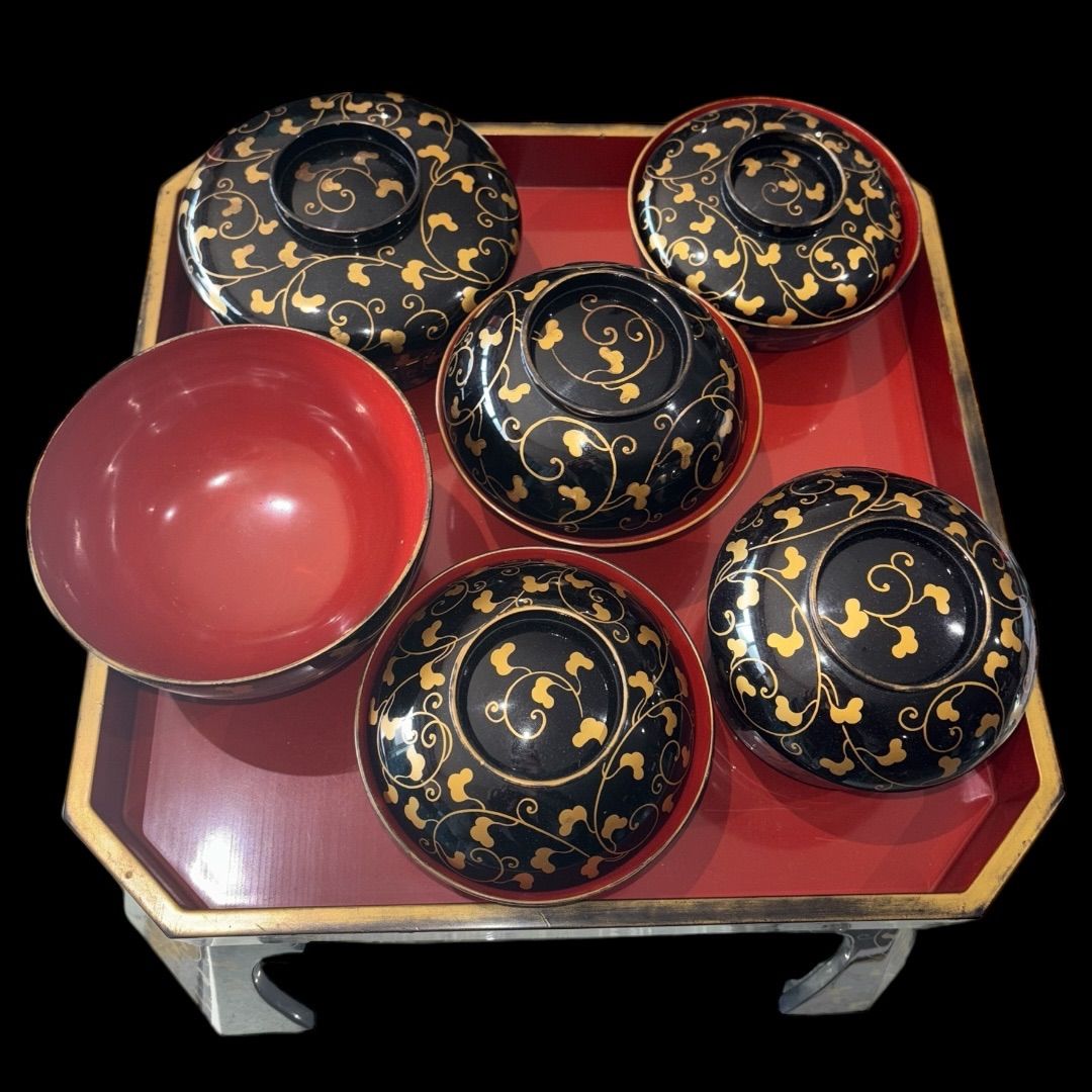 某有名骨董市購入 能登 輪島塗? 膳付き 6客揃 金蒔絵 時代物 縁起物 漆