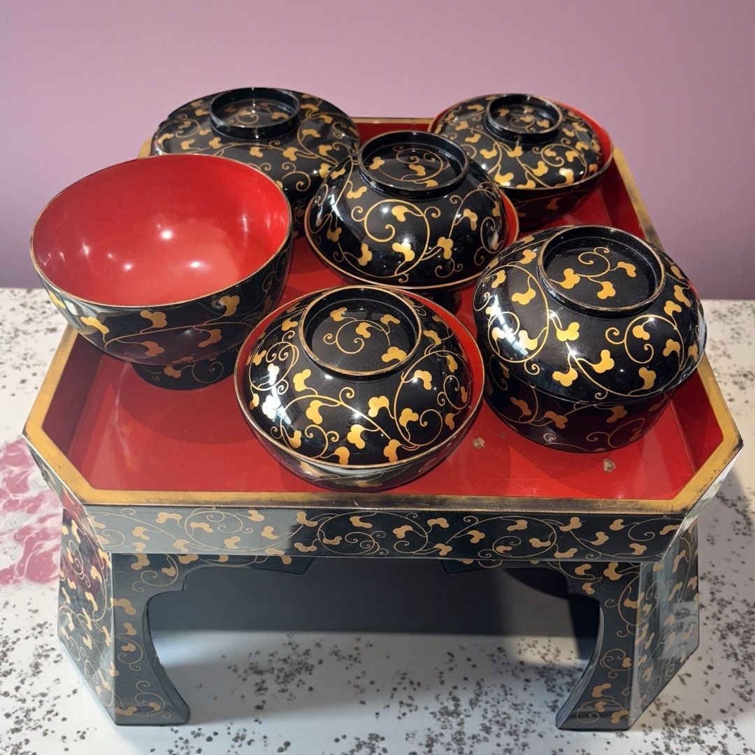 某有名骨董市購入 能登 輪島塗? 膳付き 6客揃 金蒔絵 時代物 縁起物 漆
