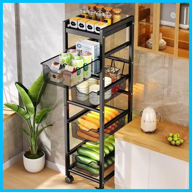 幅25 奥行30 高さ105 cm 天板付き 調味料 野菜 スリム 果物 スライド式 食品 すき間ワゴン バスケットラック 収納ラック 隙間収納 整理棚 収納カート引き出し 5段 引き出し式 キャスター付き ブラック Sameyoキッチンワ