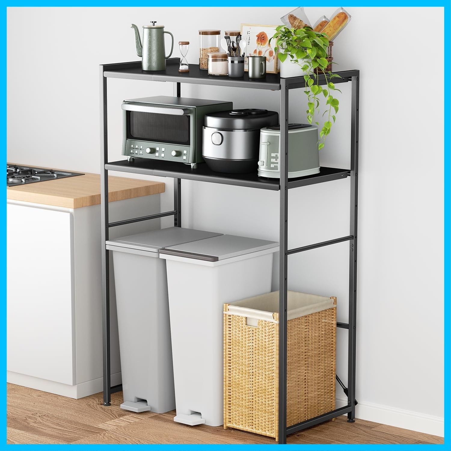 収納棚 収納ラック キッチンボード レンジボード キッチンラック スチール スリム トースター置き台 冷蔵庫上ラック 高さ8段階調整 おしゃれ 幅60～80 cm 北欧 レンジ台 棚 電子レンジラック 収納 TKUIN Black 幅伸縮可･上下調