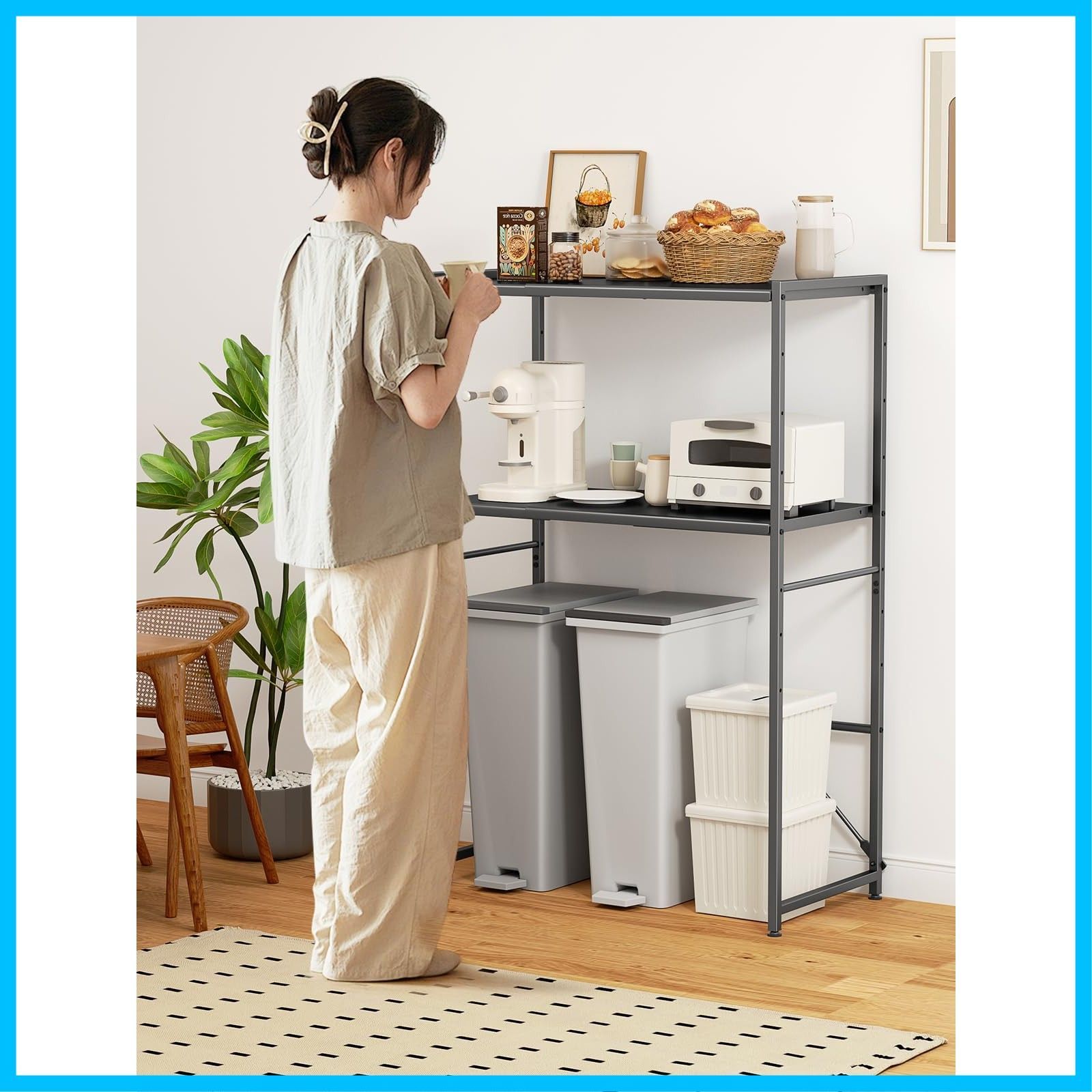  収納棚 収納ラック キッチンボード レンジボード キッチンラック スチール スリム トースター置き台 冷蔵庫上ラック 高さ8段階調整 おしゃれ 幅60～80 cm 北欧 レンジ台 棚 電子レンジラック 収納 TKUIN Black 幅伸縮可･上下調 キッチンラック キッチン収納 ラック