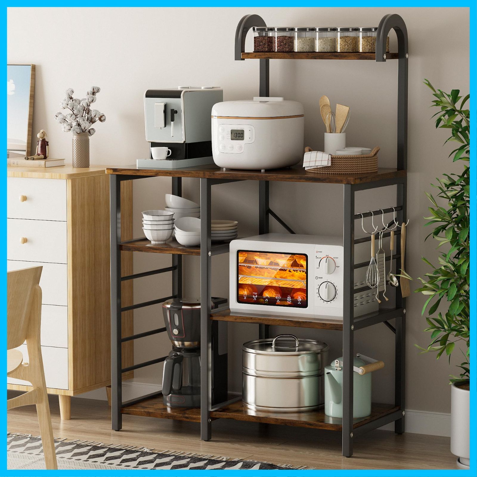 キッチンカウンター レンジボード 食器棚 ラック キッチン収納 ラックを付き キッチン棚 省スペース 高さ142 幅88 奥行39 cm 大型レンジ対応キッチンラック おしゃれ レンジ台 レンジラック ブラウン 黒 Alebert