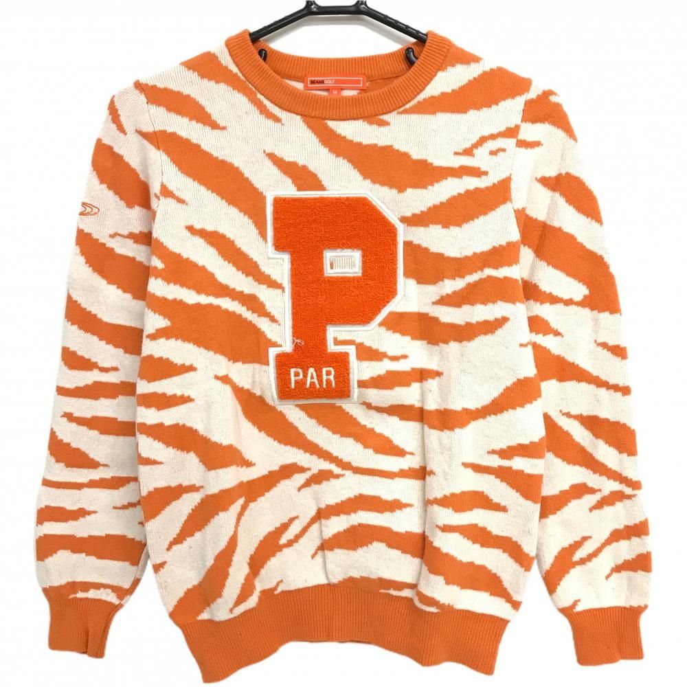 ビームスゴルフ セーター オレンジ×白 ゼブラ柄 ウール・カシミヤ混