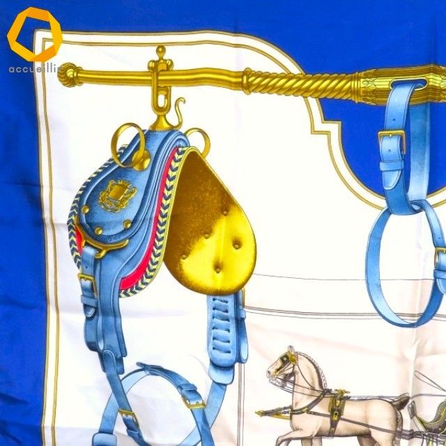 apzs エルメス HERMES カレ90 Carrick a Pompe スカーフ 青系 シルク