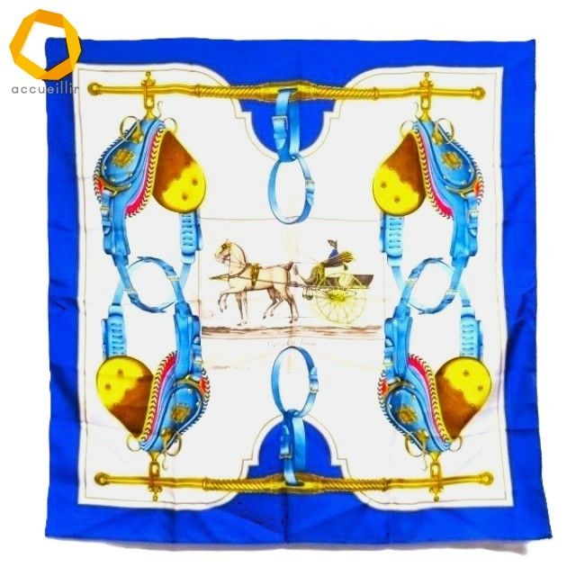 apzs エルメス HERMES カレ90 Carrick a Pompe スカーフ 青系 シルク