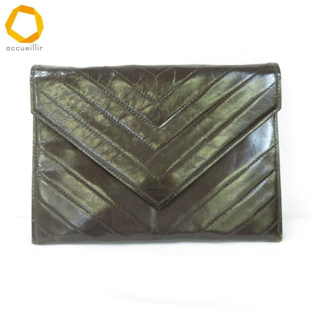 ab イヴサンローラン Yves Saint Laurent クラッチ パーティーバッグ 茶 ベージュ Vステッチ ヴィンテージ レディース 940886 k 01