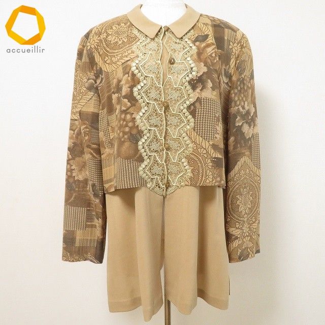 anc インポートロッサ import Rossa チュニック シャツ ブラウス 44 ベージュ 茶 レース 果物柄 花柄 大きいサイズ レディース 980437
