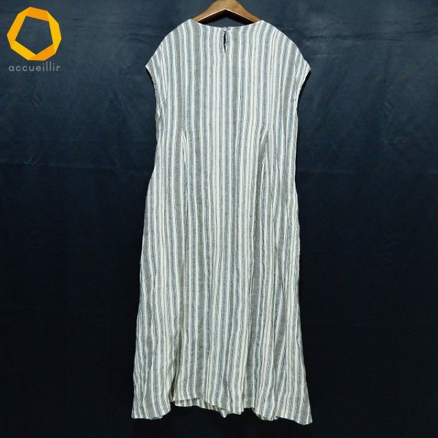 snc 根々 群言堂 ネネ グンゲンドウ ワンピース フレンチスリーブ ストライプ アイボリー 紺系 茶系 麻 レディース 738361