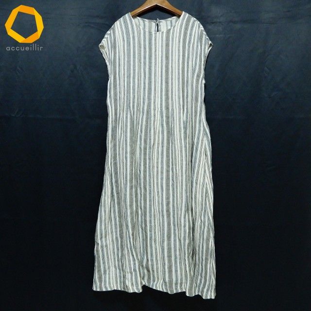 snc 根々 群言堂 ネネ グンゲンドウ ワンピース フレンチスリーブ ストライプ アイボリー 紺系 茶系 麻 レディース 738361