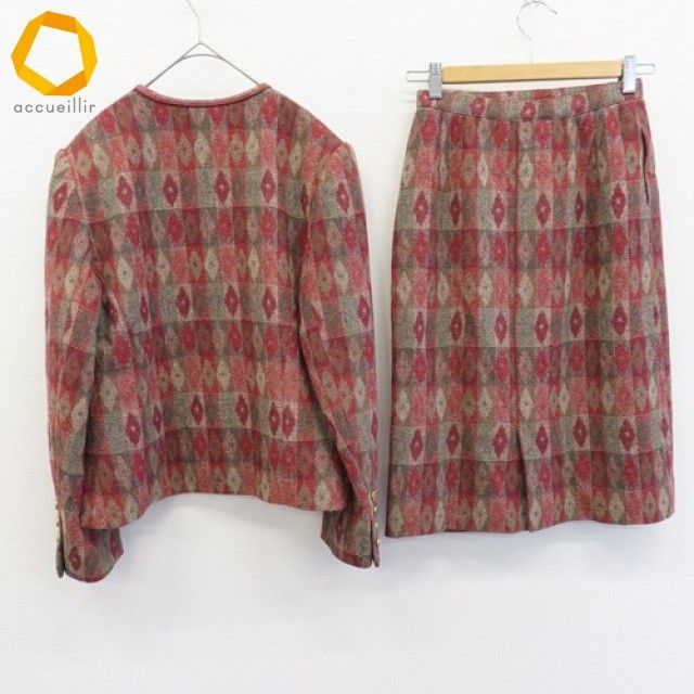 ハナエモリ ヴィンテージ スカートスーツ ジャケット 総柄 金ボタン アルパカ混 レディース a 943197