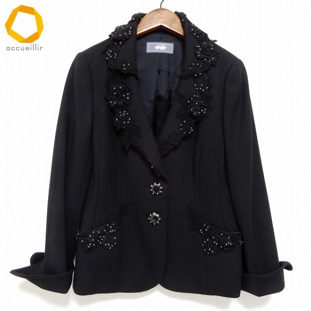  anc ギンザマギー 銀座マギー ジャケット 42 黒系 花モチーフ 重ね着風 ビーズ 大きいサイズ レディース 972006 テーラードジャケット ジャケット アウター