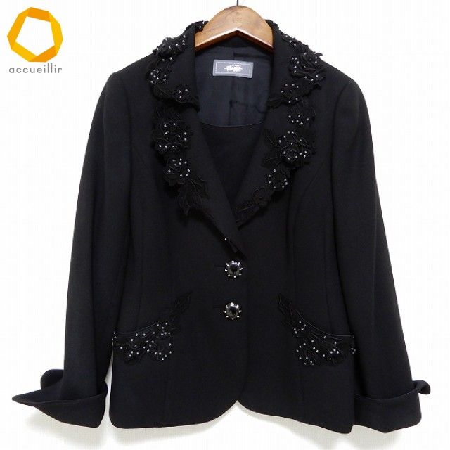 anc ギンザマギー 銀座マギー ジャケット 42 黒系 花モチーフ 重ね着風 ビーズ 大きいサイズ レディース 972006