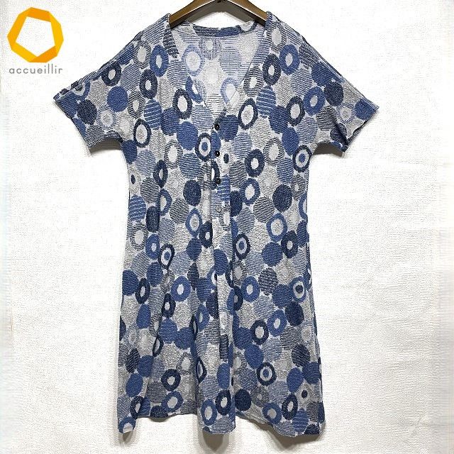 sxc ヨーガンレール チュニック 青 グレー 半袖 総柄 麻混 レディース 850456